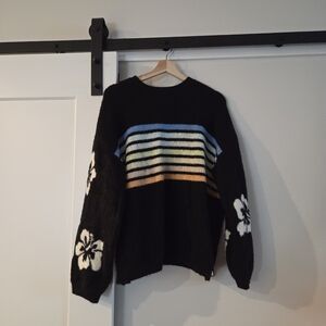 Rip Curl Fuzzy Black & Rainbow Hibiscus Sleeve Sweater size M